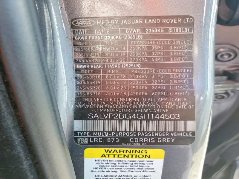 Продаж на аукціоні авто 2016 Land Rover Range Rover Evoque, vin: SALVP2BG4GH144503, номер лоту: 55924716