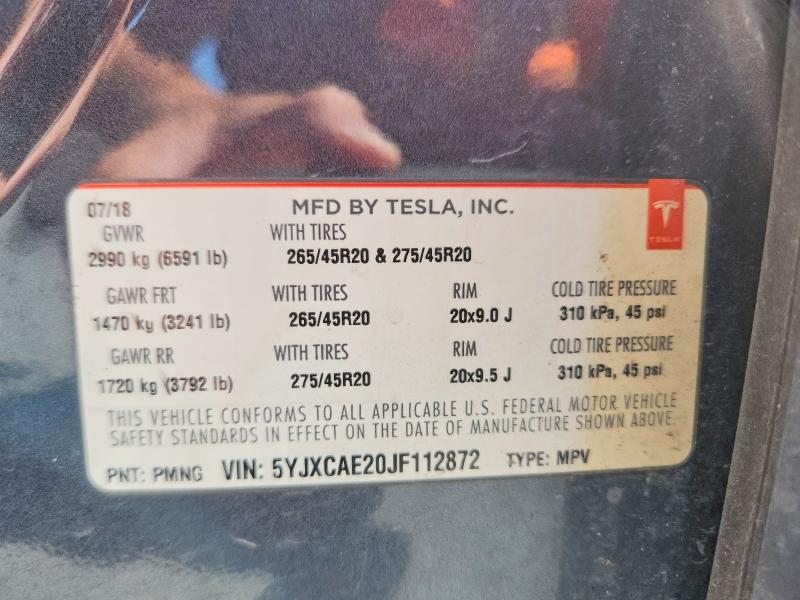 55704196 :رقم المزاد ، 5YJXCAE20JF112872 vin ، 2018 Tesla Model X مزاد بيع