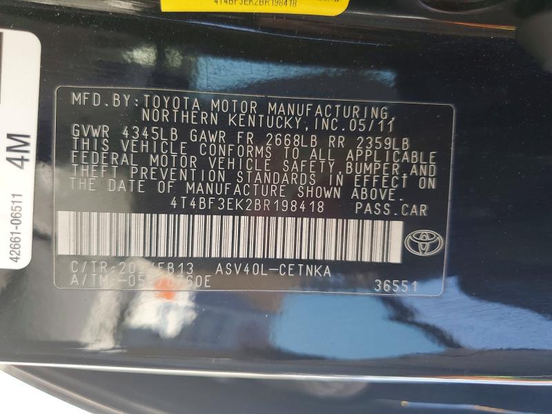 Продажа на аукционе авто 2011 Toyota Camry, vin: 4T4BF3EK2BR198418, номер лота: 59309046