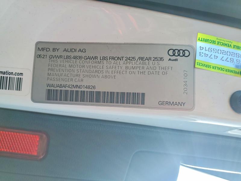 2021 Audi A4 მანქანა იყიდება აუქციონზე, vin: WAUABAF42MN014826, აუქციონის ნომერი: 57193406