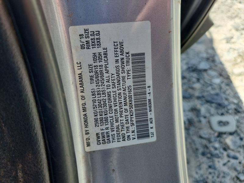 58442336 :رقم المزاد ، 5FPYK2F50KB001625 vin ، 2019 Honda Ridgeline مزاد بيع