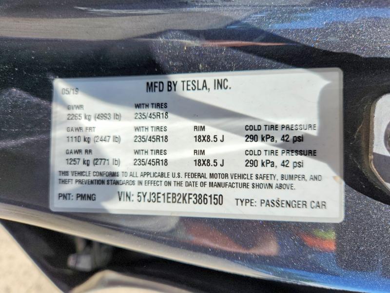 2019 Tesla Model 3 მანქანა იყიდება აუქციონზე, vin: 5YJ3E1EB2KF386150, აუქციონის ნომერი: 57195876