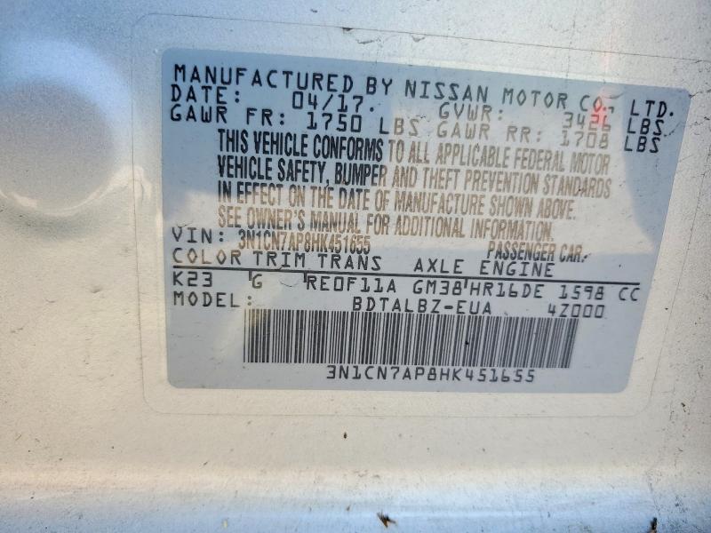 Aukcja sprzedaży 2017 Nissan Versa, vin: 3N1CN7AP8HK451655, numer aukcji: 57624086