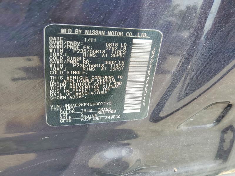 2011 Nissan Quest მანქანა იყიდება აუქციონზე, vin: JN8AE2KP4B9007175, აუქციონის ნომერი: 56296826