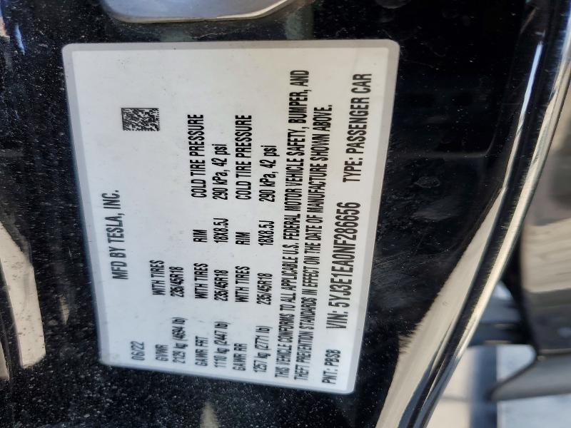 2022 Tesla Model 3 მანქანა იყიდება აუქციონზე, vin: 5YJ3E1EA0NF286656, აუქციონის ნომერი: 57743166