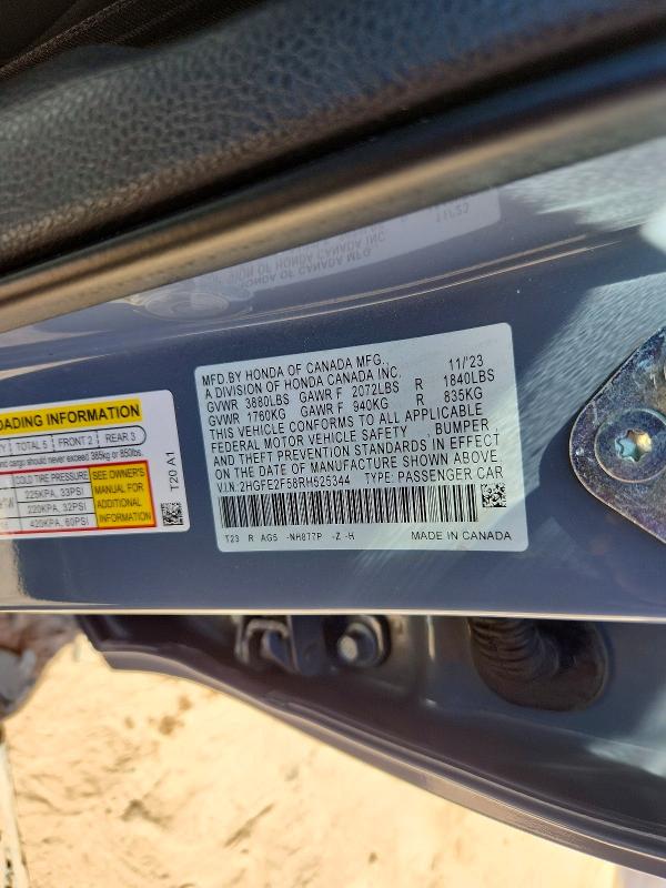 58287196 :رقم المزاد ، 2HGFE2F58RH525344 vin ، 2024 Honda Civic مزاد بيع