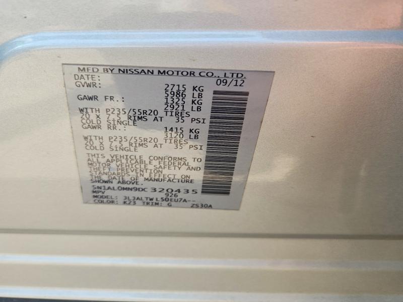 58773156 :رقم المزاد ، 5N1AL0MN9DC320435 vin ، 2013 Infiniti Jx35 مزاد بيع