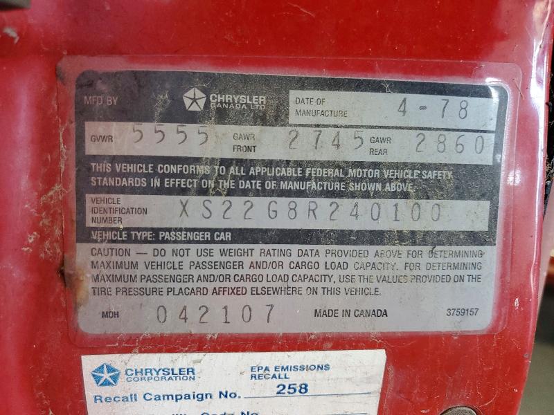 Продажа на аукционе авто 1978 Dodge Magnum, vin: XS22G8R240100, номер лота: 58528706