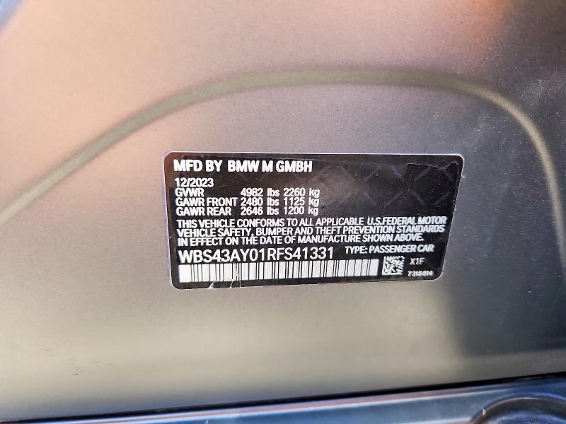 2024 Bmw M3 მანქანა იყიდება აუქციონზე, vin: WBS43AY01RFS41331, აუქციონის ნომერი: 58631016