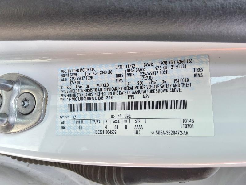 Продажа на аукционе авто 2022 Ford Escape, vin: 1FMCU0G69NUB81316, номер лота: 56693466