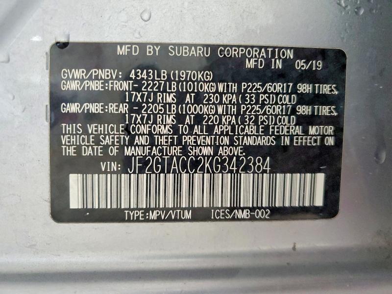 2019 Subaru Crosstrek მანქანა იყიდება აუქციონზე, vin: JF2GTACC2KG342384, აუქციონის ნომერი: 58425766