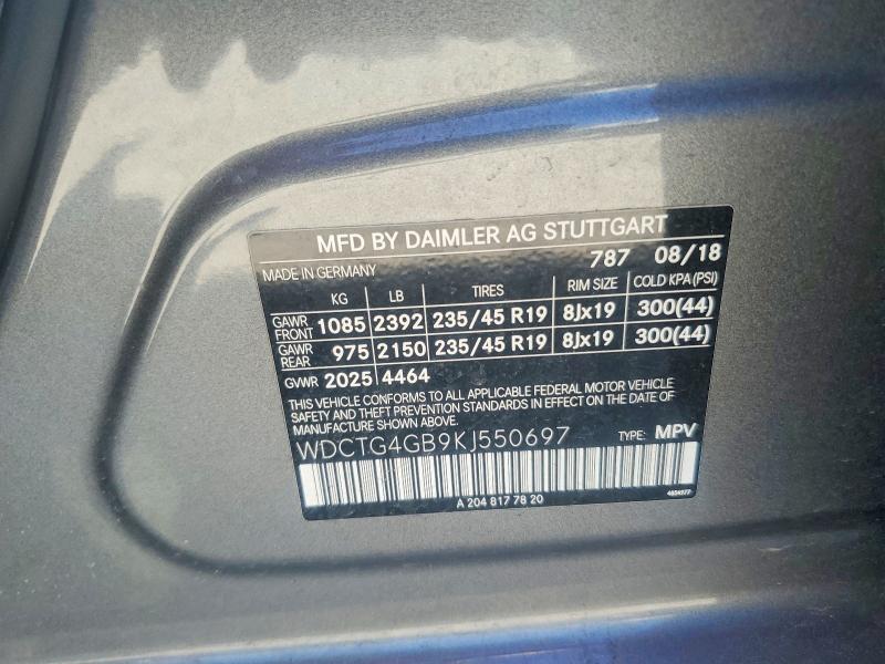 55912146 :رقم المزاد ، WDCTG4GB9KJ550697 vin ، 2019 Mercedes-benz Gla مزاد بيع