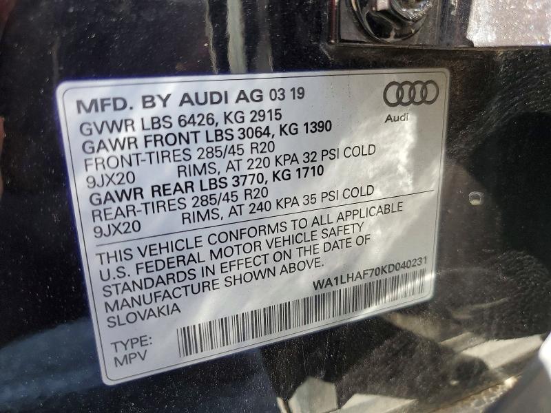 55813356 :رقم المزاد ، WA1LHAF70KD040231 vin ، 2019 Audi Q7 3.6 Quattr مزاد بيع