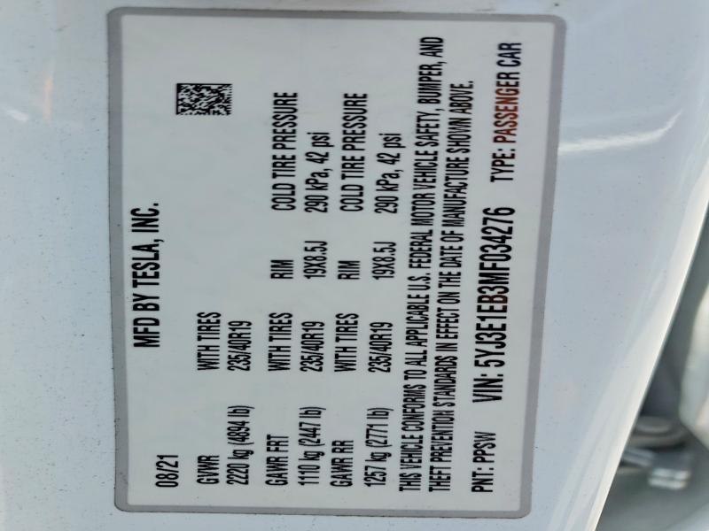 58198176 :رقم المزاد ، 5YJ3E1EB3MF034276 vin ، 2021 Tesla Model 3 مزاد بيع