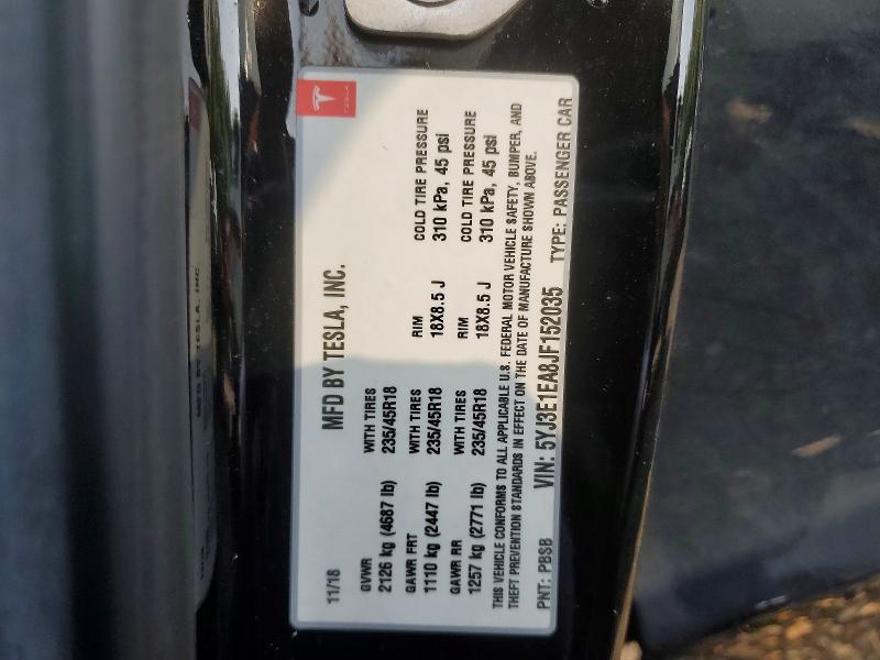 2018 Tesla Model 3 მანქანა იყიდება აუქციონზე, vin: 5YJ3E1EA8JF152035, აუქციონის ნომერი: 56470986