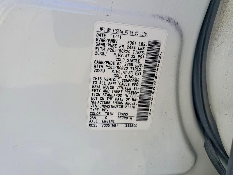 2012 Infiniti Fx35 Base მანქანა იყიდება აუქციონზე, vin: JN8AS1MU8CM121118, აუქციონის ნომერი: 57358836