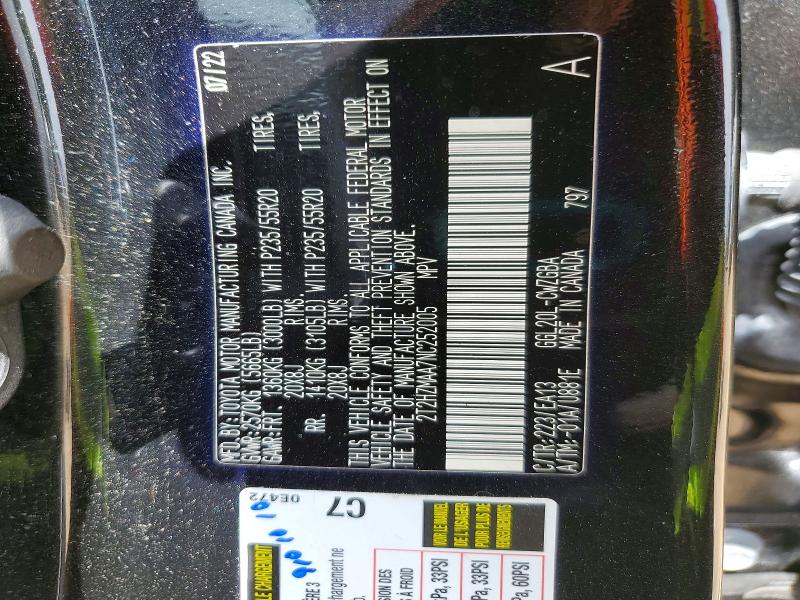 57219186 :رقم المزاد ، 2T2HZMAA7NC252005 vin ، 2022 Lexus Rx مزاد بيع