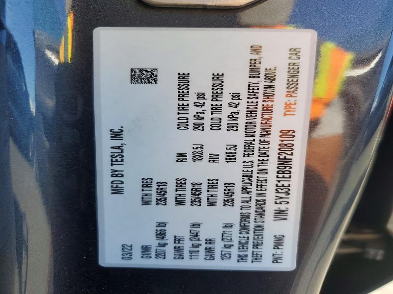 Aukcja sprzedaży 2022 Tesla Model 3, vin: 5YJ3E1EB9NF208109, numer aukcji: 57543296