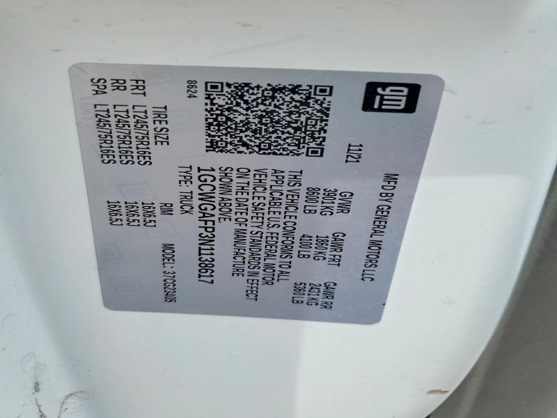 Продаж на аукціоні авто 2022 Chevrolet Express G2500, vin: 1GCWGAFP3N1138617, номер лоту: 57933396