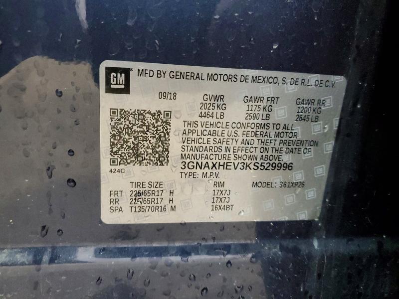 2019 Chevrolet Equinox მანქანა იყიდება აუქციონზე, vin: 3GNAXHEV3KS529996, აუქციონის ნომერი: 58572266