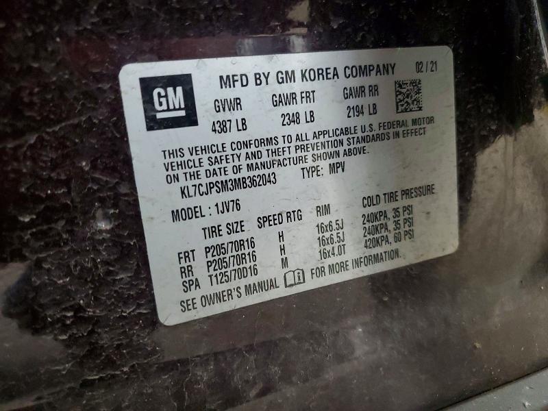 55746216 :رقم المزاد ، KL7CJPSM3MB362043 vin ، 2021 Chevrolet Trax مزاد بيع