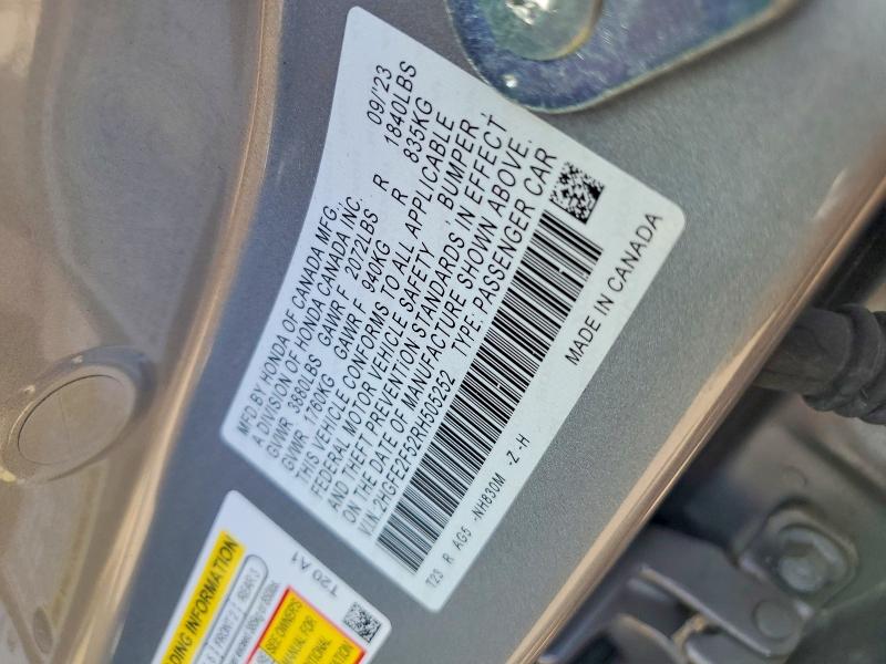 2024 Honda Civic მანქანა იყიდება აუქციონზე, vin: 2HGFE2F52RH505252, აუქციონის ნომერი: 56251356