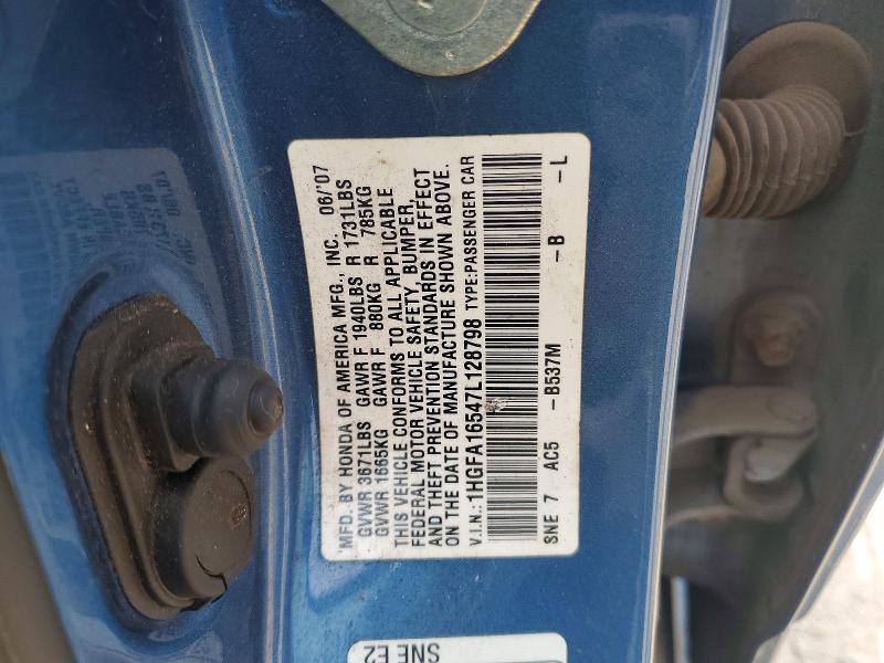 2007 Honda Civic მანქანა იყიდება აუქციონზე, vin: 1HGFA16547L128798, აუქციონის ნომერი: 58763976