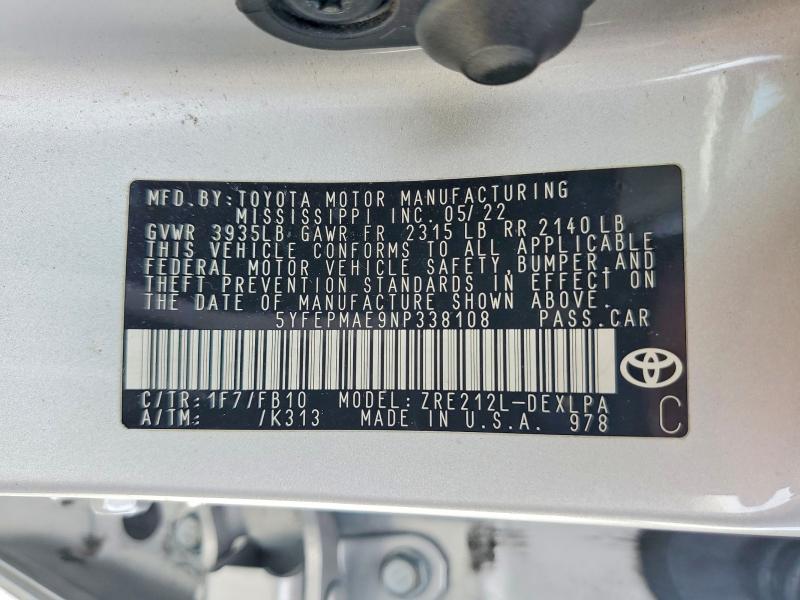 Продажа на аукционе авто 2022 Toyota Corolla, vin: 5YFEPMAE9NP338108, номер лота: 58750156