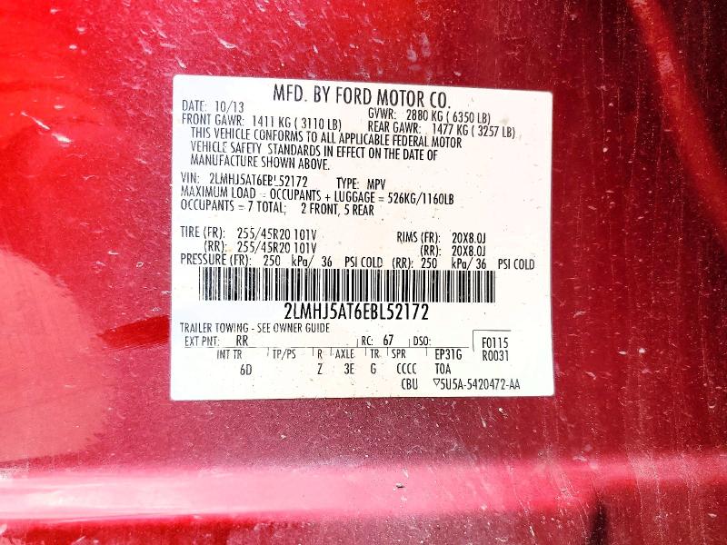 Продажа на аукционе авто 2014 Lincoln Mkt, vin: 2LMHJ5AT6EBL52172, номер лота: 55787236