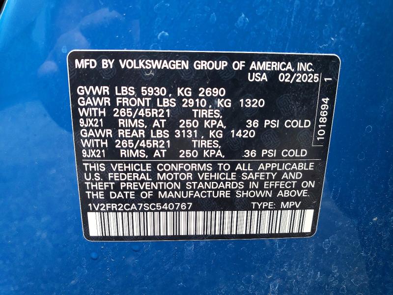 2025 Volkswagen Atlas მანქანა იყიდება აუქციონზე, vin: 1V2FR2CA7SC540767, აუქციონის ნომერი: 58706016