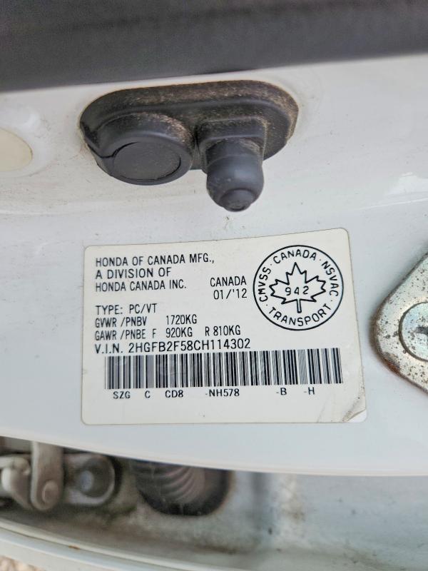 2012 Honda Civic მანქანა იყიდება აუქციონზე, vin: 2HGFB2F58CH114302, აუქციონის ნომერი: 57513796
