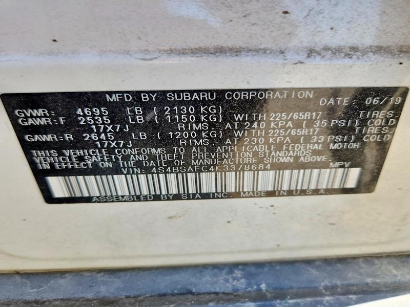 Продажа на аукционе авто 2019 Subaru Outback, vin: 4S4BSAFC4K3378684, номер лота: 57377296