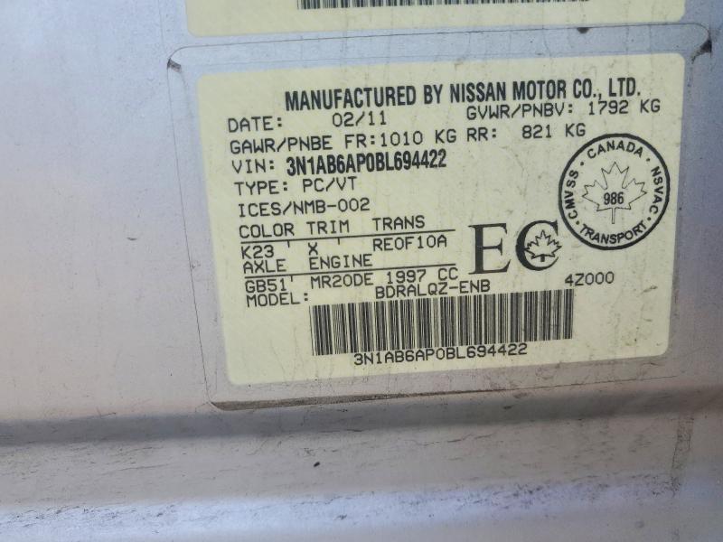2011 Nissan Sentra მანქანა იყიდება აუქციონზე, vin: 3N1AB6AP0BL694422, აუქციონის ნომერი: 56098746