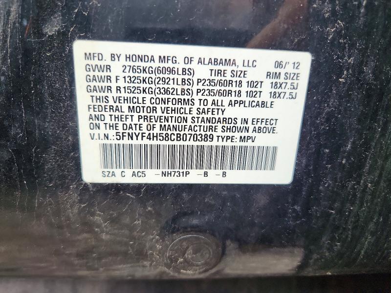 Продаж на аукціоні авто 2012 Honda Pilot, vin: 5FNYF4H58CB070389, номер лоту: 54631146