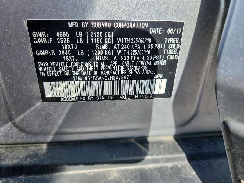 2017 Subaru Outback მანქანა იყიდება აუქციონზე, vin: 4S4BSANC7H3428875, აუქციონის ნომერი: 56779086