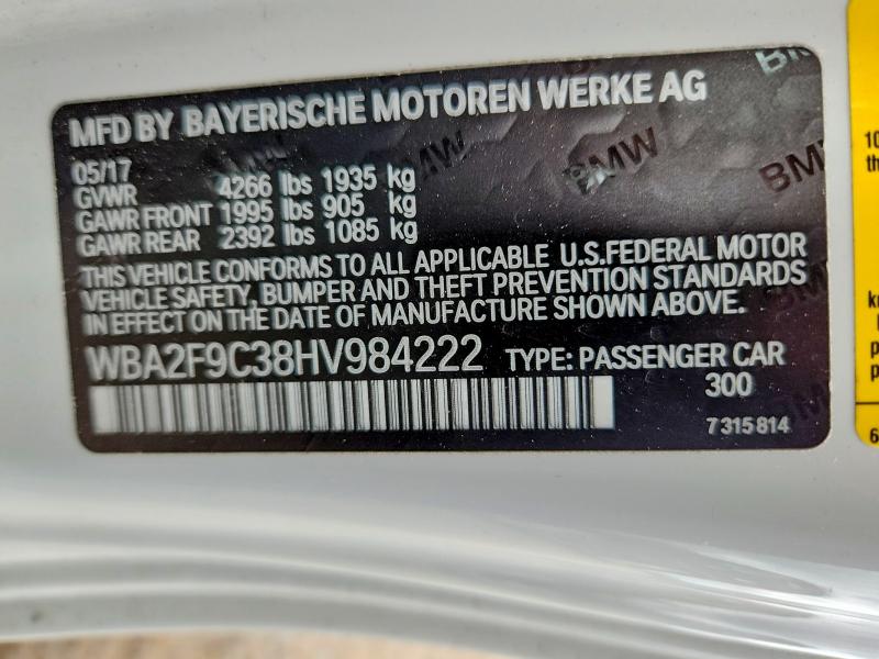 2017 Bmw 230i მანქანა იყიდება აუქციონზე, vin: WBA2F9C38HV984222, აუქციონის ნომერი: 55213296