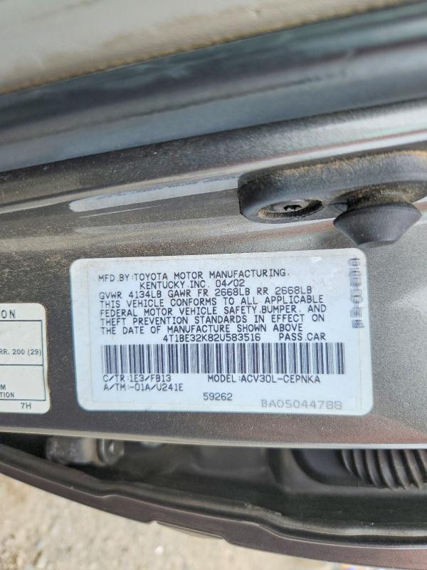 Aukcja sprzedaży 2002 Toyota Camry, vin: 4T1BE32K82U583516, numer aukcji: 57245156