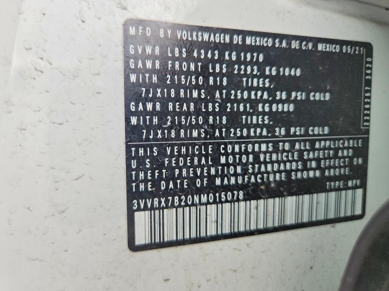 2022 Volkswagen Taos მანქანა იყიდება აუქციონზე, vin: 3VVRX7B20NM015078, აუქციონის ნომერი: 54646516