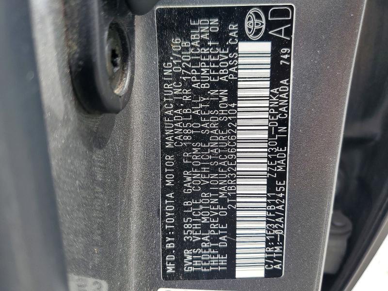 Продаж на аукціоні авто 2006 Toyota Corolla, vin: 2T1BR32E96C622104, номер лоту: 55716526