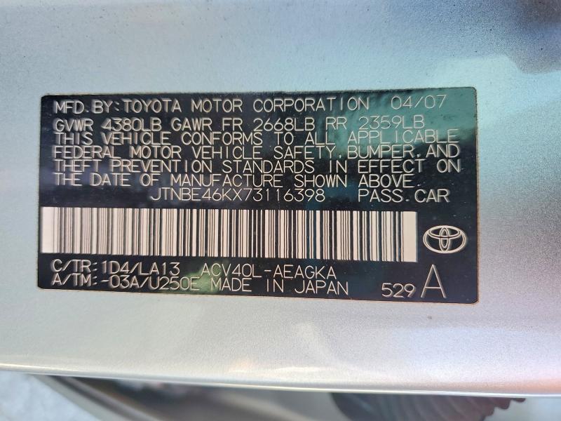 57374916 :رقم المزاد ، JTNBE46KX73116398 vin ، 2007 Toyota Camry مزاد بيع