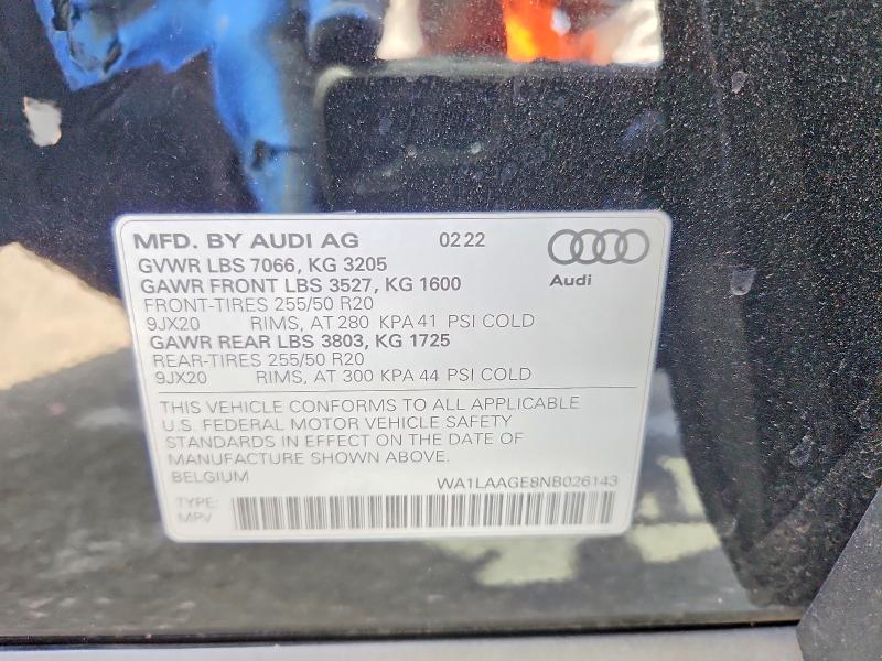Aukcja sprzedaży 2022 Audi E-tron, vin: WA1LAAGE8NB026143, numer aukcji: 59120796