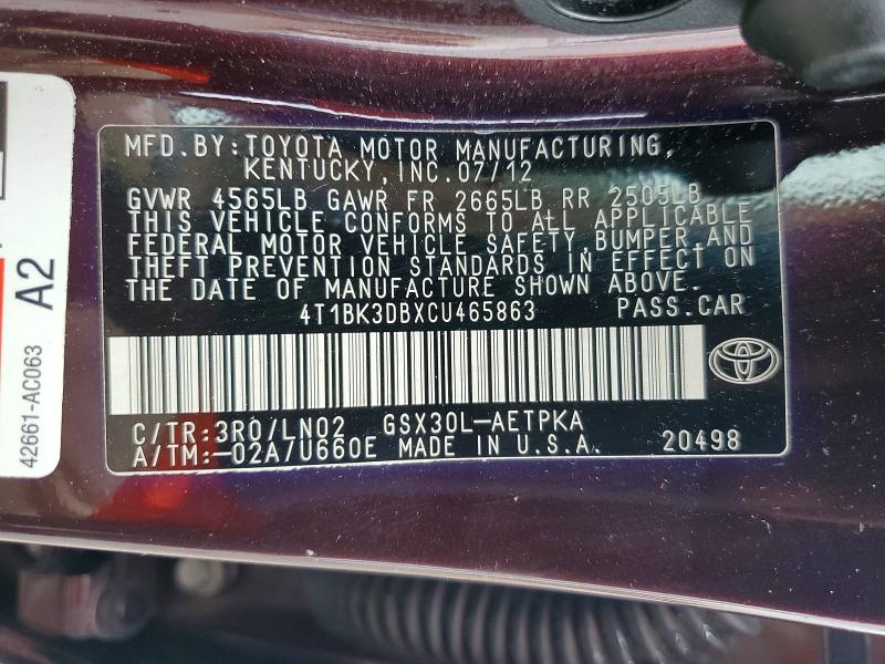 Aukcja sprzedaży 2012 Toyota Avalon, vin: 4T1BK3DBXCU465863, numer aukcji: 54552146