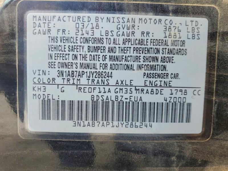 Продаж на аукціоні авто 2018 Nissan Sentra, vin: 3N1AB7AP1JY286244, номер лоту: 58803216