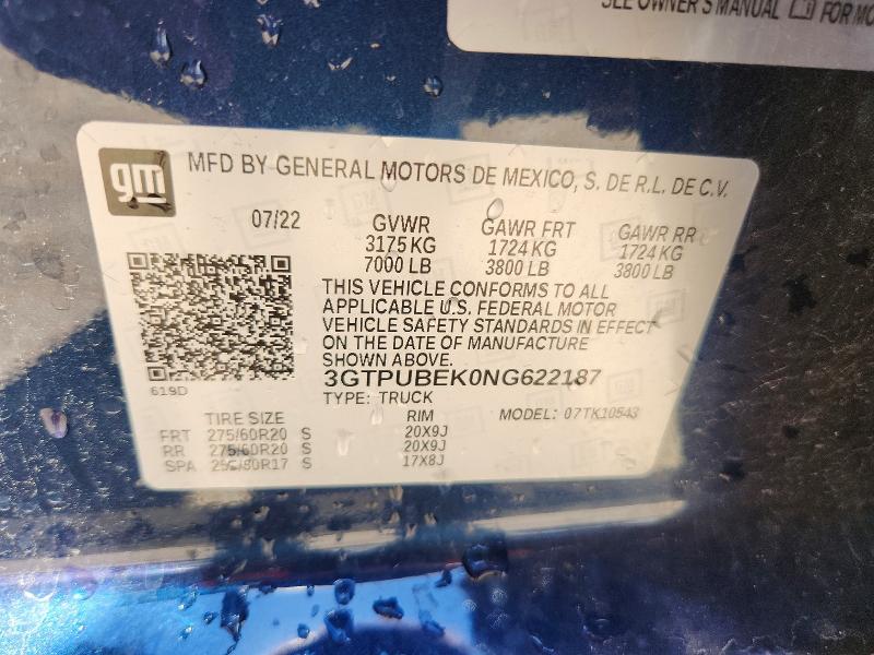Aukcja sprzedaży 2022 Gmc Sierra, vin: 3GTPUBEK0NG622187, numer aukcji: 57875176