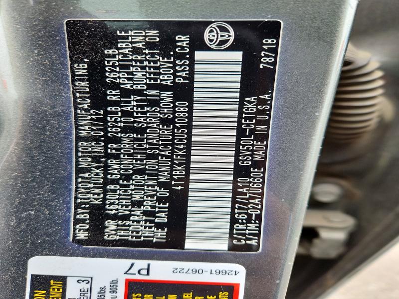 53477996 :رقم المزاد ، 4T1BK1FK4CU510880 vin ، 2012 Toyota Camry مزاد بيع