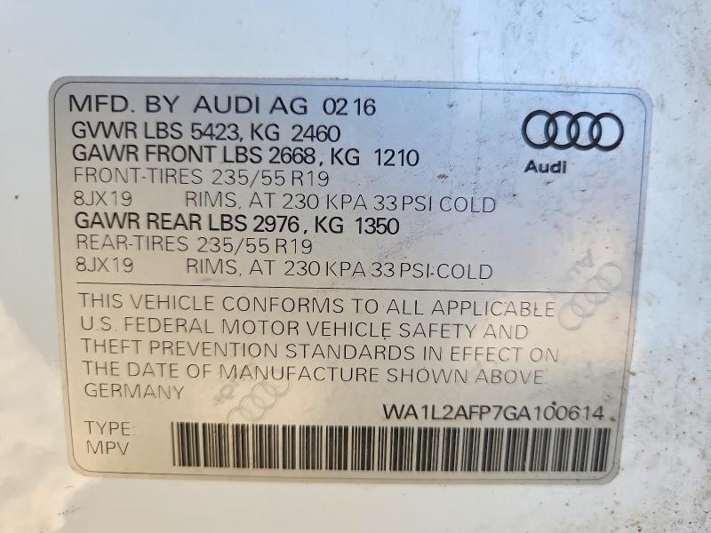 2016 Audi Q5 მანქანა იყიდება აუქციონზე, vin: WA1L2AFP7GA100614, აუქციონის ნომერი: 55692516