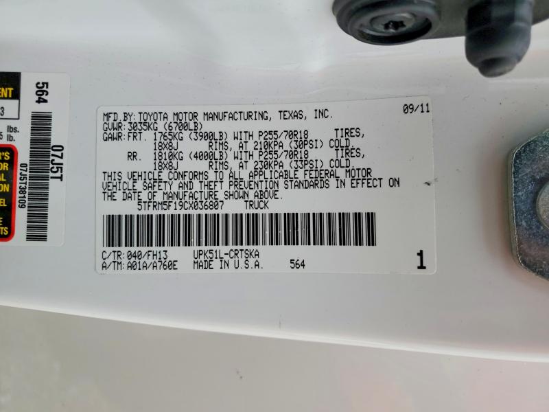 56640106 :رقم المزاد ، 5TFRM5F19CX036807 vin ، 2012 Toyota Tundra مزاد بيع