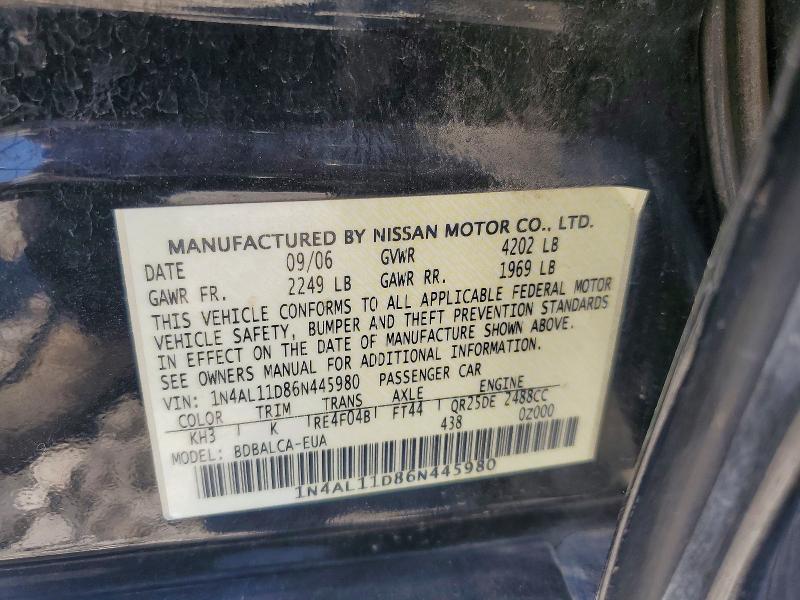 Aukcja sprzedaży 2006 Nissan Altima, vin: 1N4AL11D86N445980, numer aukcji: 58123586