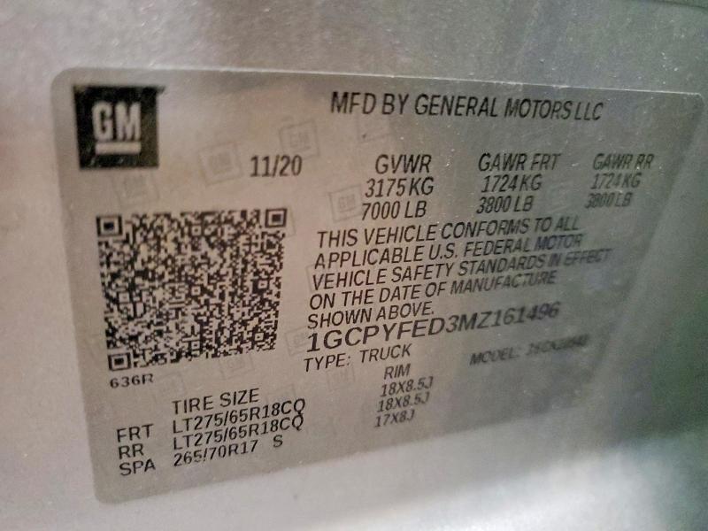 Aukcja sprzedaży 2021 Chevrolet Silverado, vin: 1GCPYFED3MZ161496, numer aukcji: 58536426