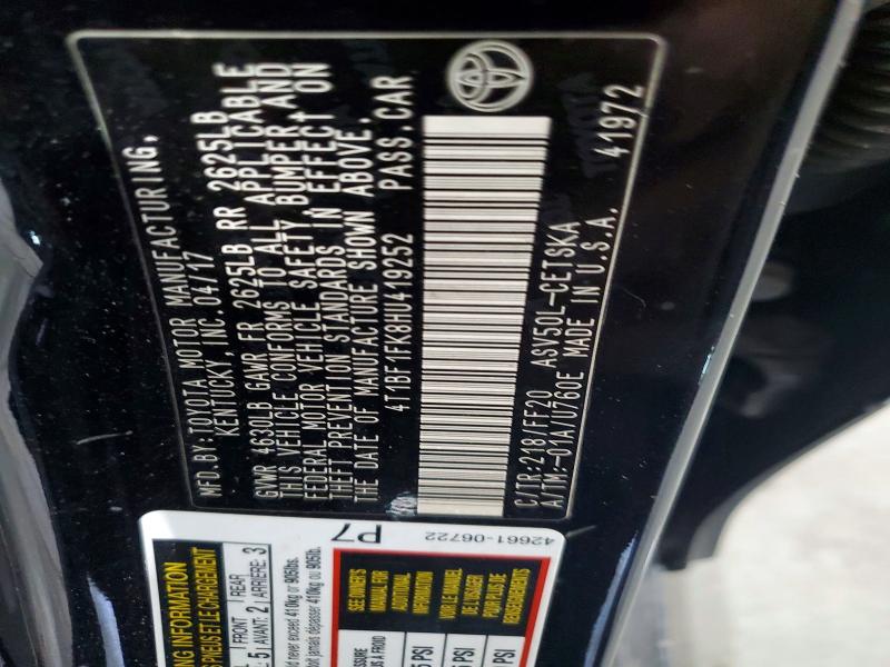 2017 Toyota Camry მანქანა იყიდება აუქციონზე, vin: 4T1BF1FK8HU419252, აუქციონის ნომერი: 55830386